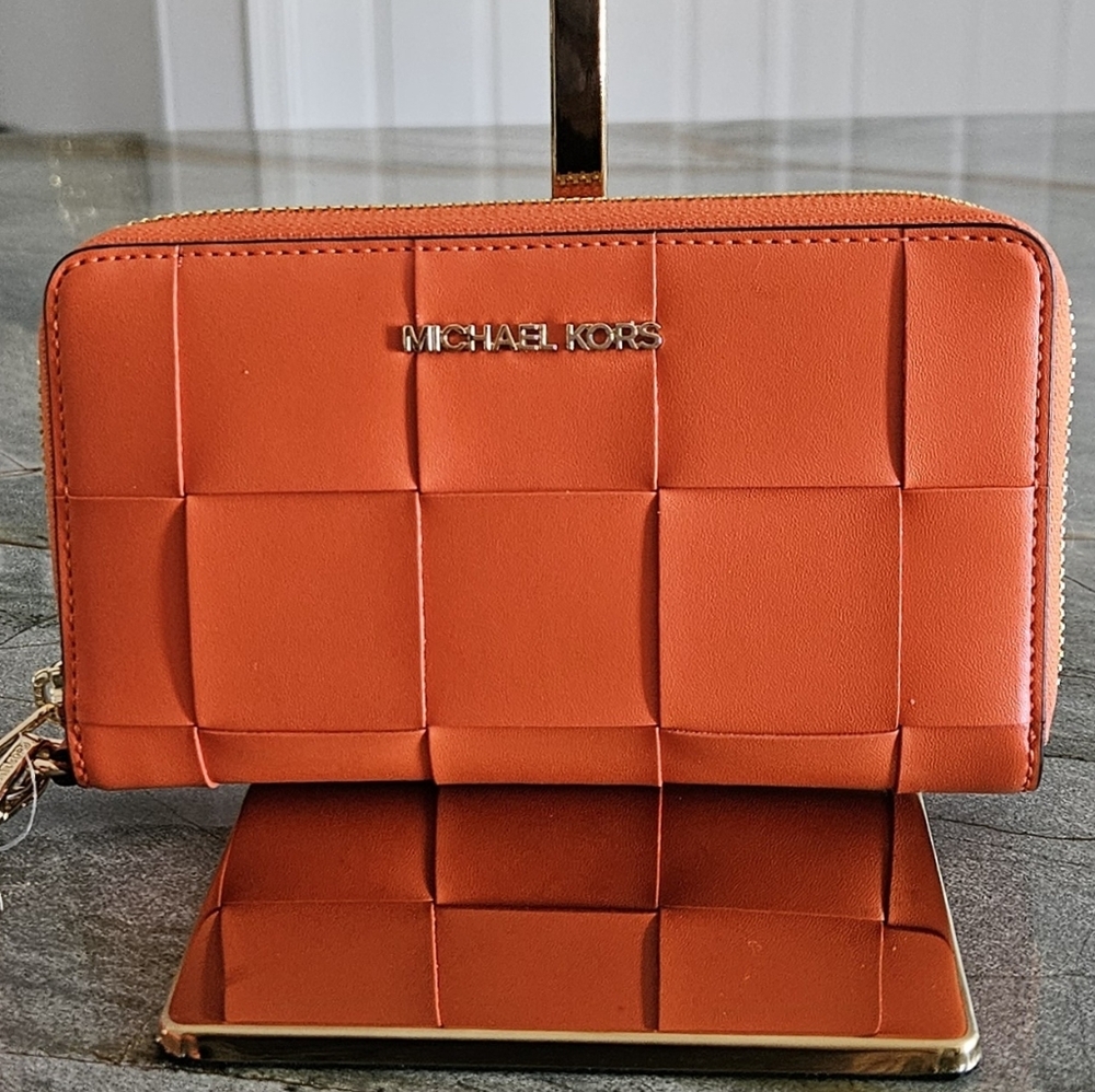 NWT Michael Kors Woven Leather Zip-Around Wristlet Wallet | Orange